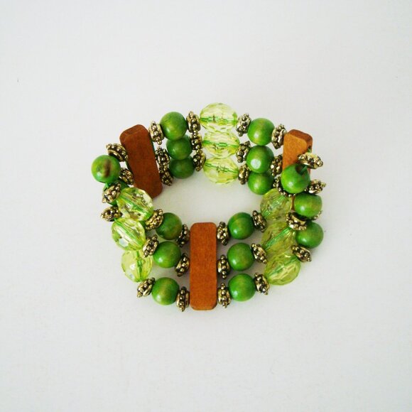 Green Boho Beaded Triple Strand Bracelet Earth Tone Golden Beads - Picture 4 of 7
